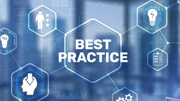 Hexagonal icons with symbols for people, ideas, and gears surround the central phrase "Best Practice" on a blue abstract digital background.