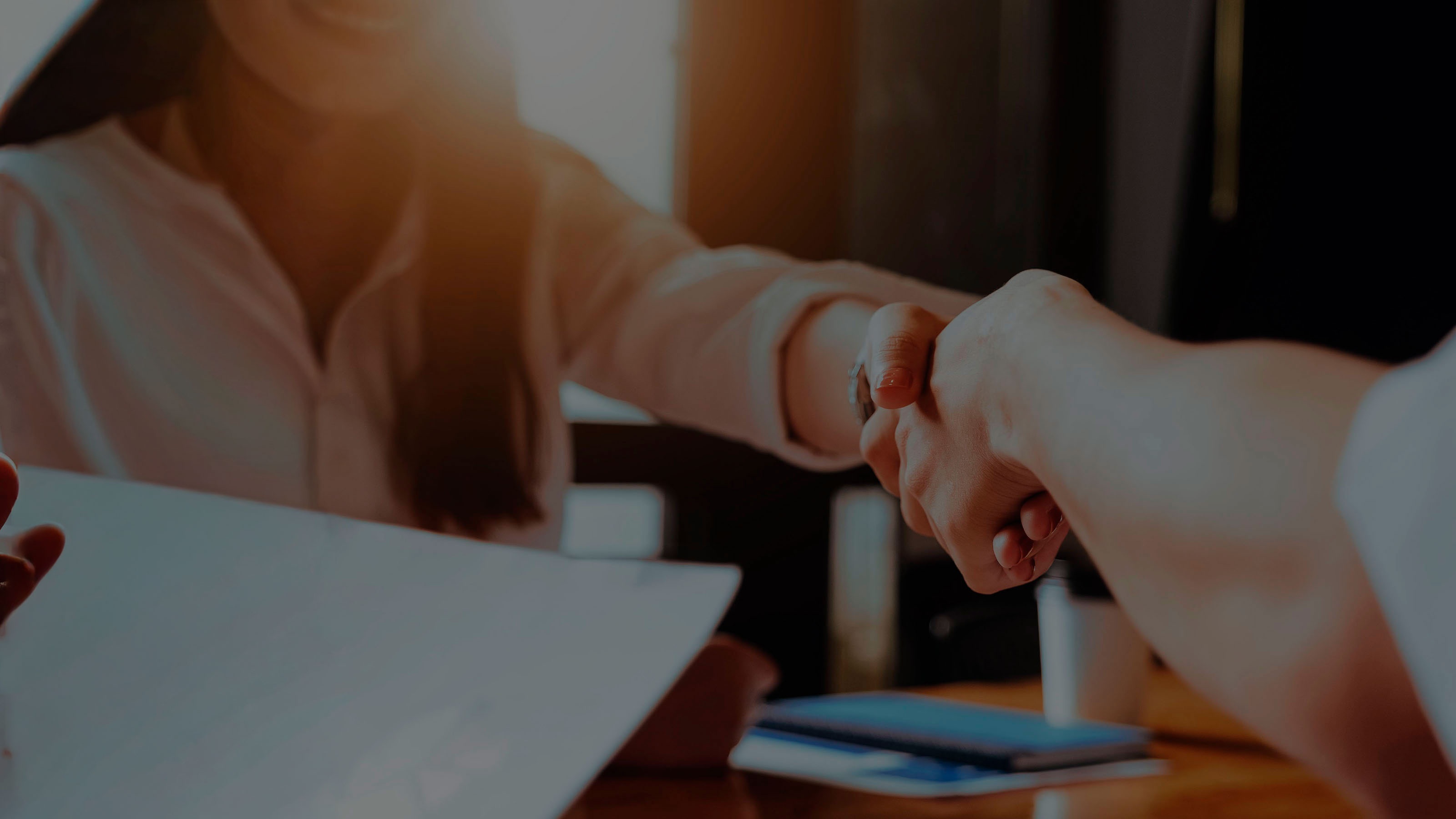 Two individuals are shaking hands across a table, suggesting a business or professional agreement.