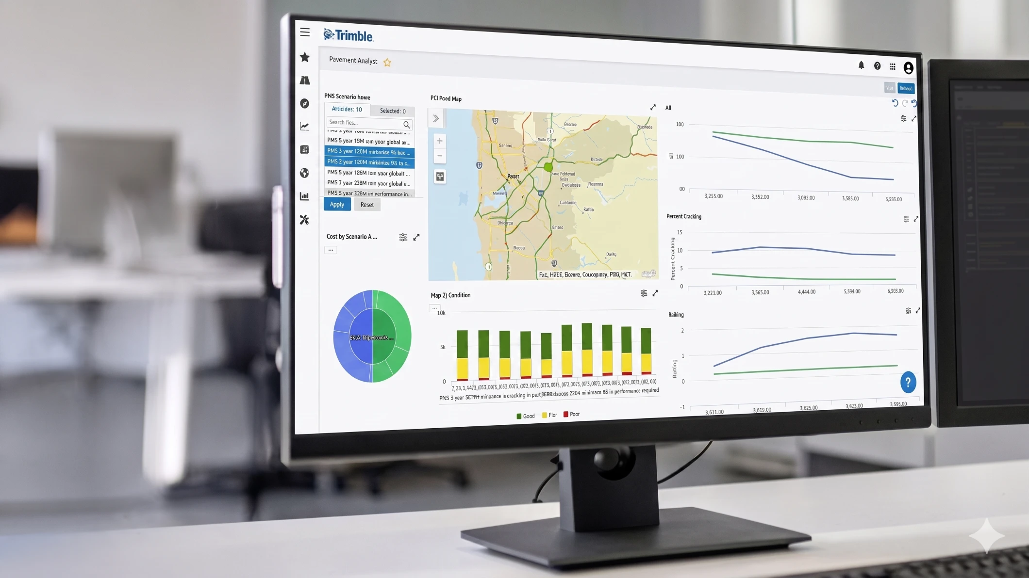 A monitor displays the Trimble Unity Maintain Pavement Management dashboard showing a map of Perth and performance data charts in a modern office.