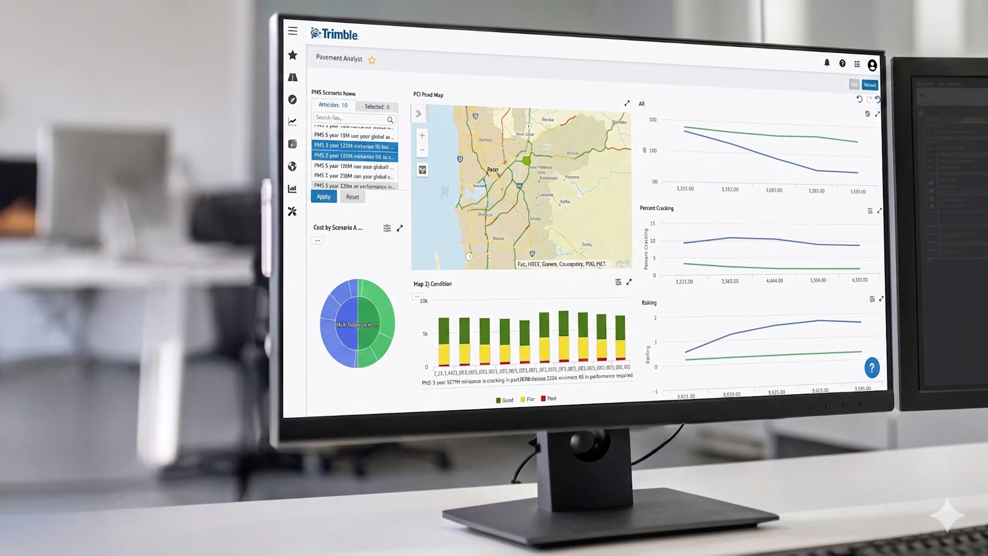 A monitor displays the Trimble Unity Maintain Pavement Management dashboard showing a map of Perth and performance data charts in a modern office.