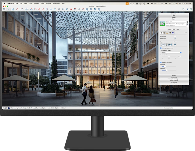 Trimble SketchUp 2024 interface showing a photorealistic 3D architectural rendering of a modern plaza with people and a geometric canopy.