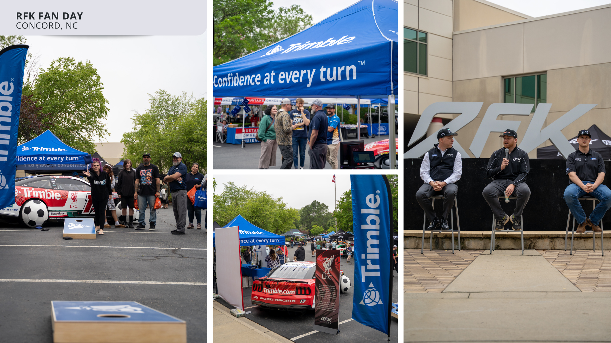 Four-panel collage of RFK Fan Day in Concord, featuring outdoor games, Trimble event tents, the No. 17 race car, and a driver Q&A panel discussion.