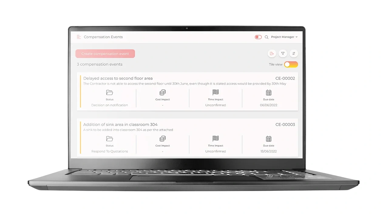 Laptop showing Trimble Contract Manager’s Compensation Events dashboard with tiles for classroom sink addition and floor access delays.