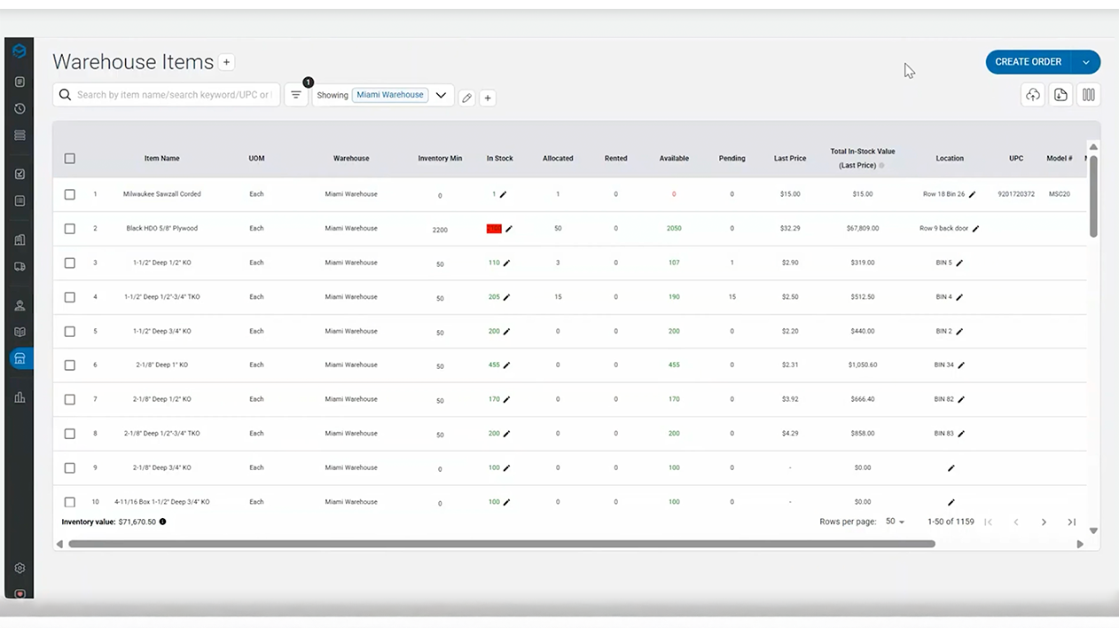 Trimble Materials warehouse inventory items screenshot on desktop