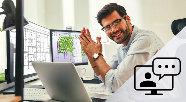 A man at a desk using monitors displaying Trimble Tekla Structures 3D modeling software and technical drawings, with a chat icon overlay.