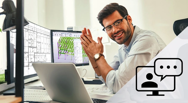 A man at a desk using monitors displaying Trimble Tekla Structures 3D modeling software and technical drawings, with a chat icon overlay.