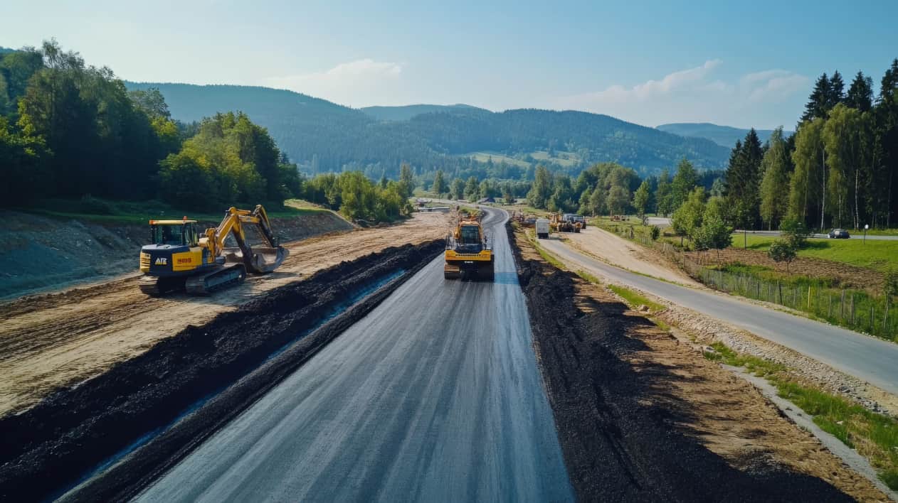 Wide view of heavy machinery paving a long stretch of road through a scenic, hilly landscape.