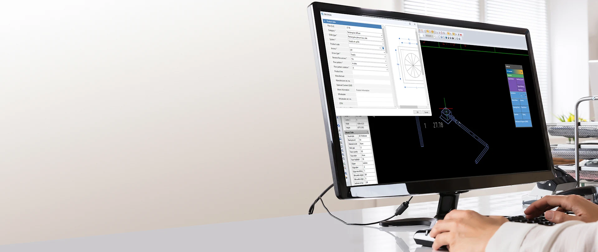 Stabicad for IntelliCAD on a monitor, displaying a CAD drawing, open data dialog box, and a user’s hands on the keyboard.