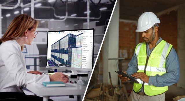 In einem Büro entwirft eine Frau in einer BIM-Software ein Gebäude mit Solarpanels. Auf einer Baustelle steht ein Mann mit Schutzhelm und Sicherheitsweste und sieht sich auf einem Tablet digitale Pläne an.