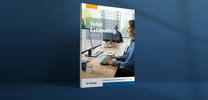 Trimble Total Estimating brochure cover featuring a woman working at a computer in a modern office.