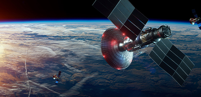Digital rendering of satellites orbiting Earth, representing Trimble's global positioning and GNSS correction services.