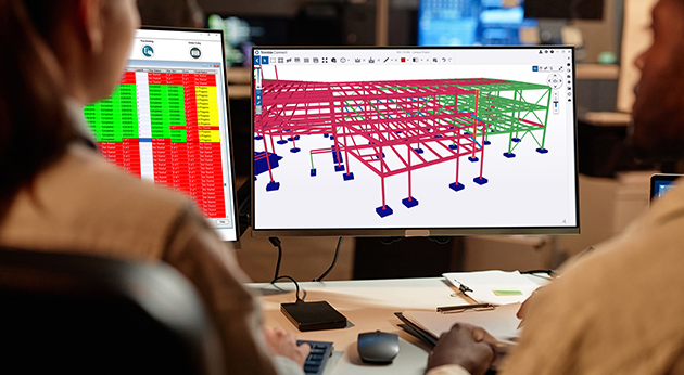 Two people using Trimble Connect and Tekla software to review a 3D structural model and project status spreadsheet on dual monitors.