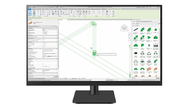 A desktop monitor displays MEPcontent for Fabrication (ITMs) software