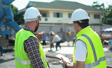 Two construction workers in hard hats and safety vests review project plans on a tablet at a residential construction site.