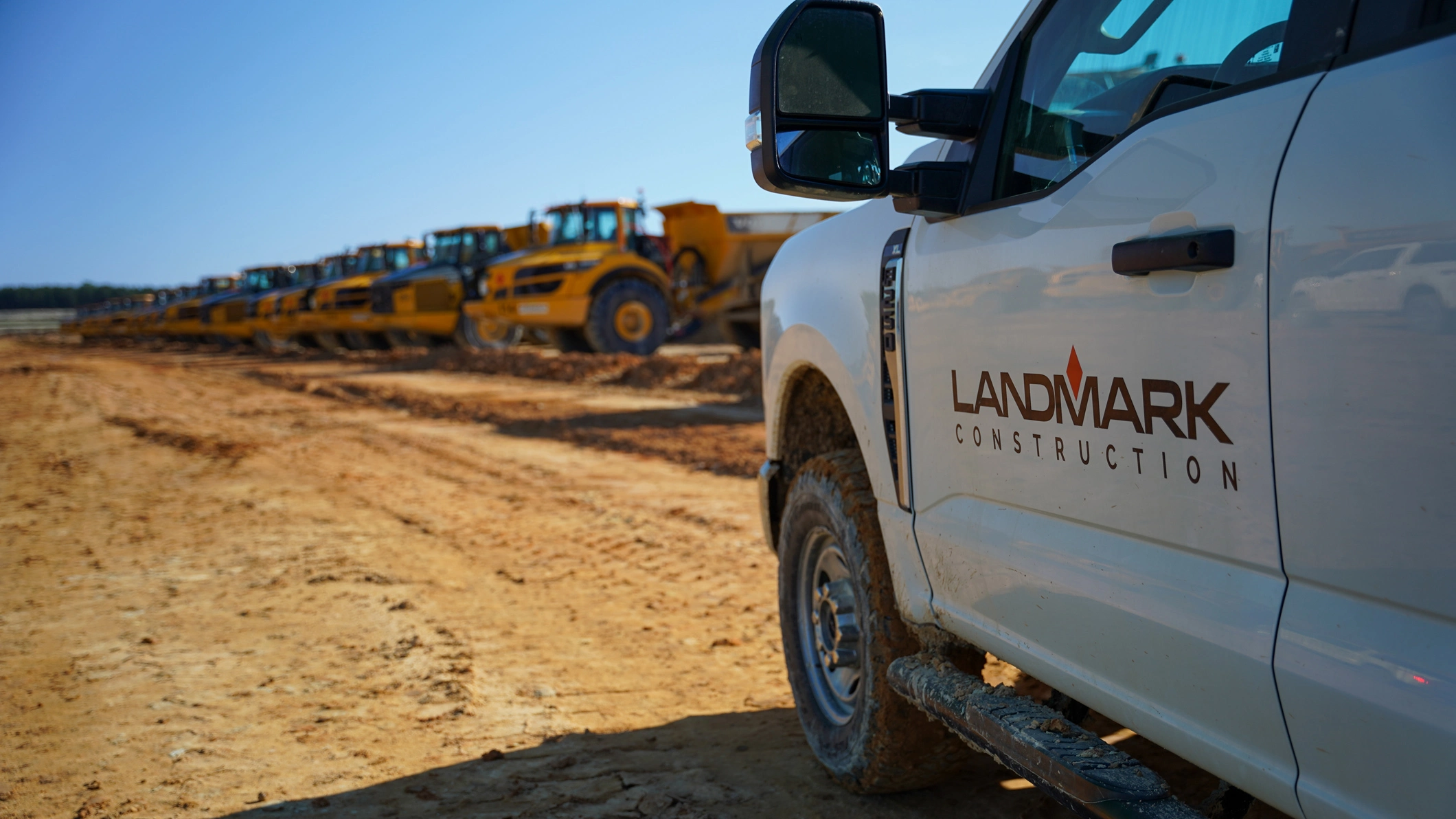 Landmark Construction’s heavy equipment fleet poised for operations at the EV manufacturing plant job site in Blythewood, South Carolina.