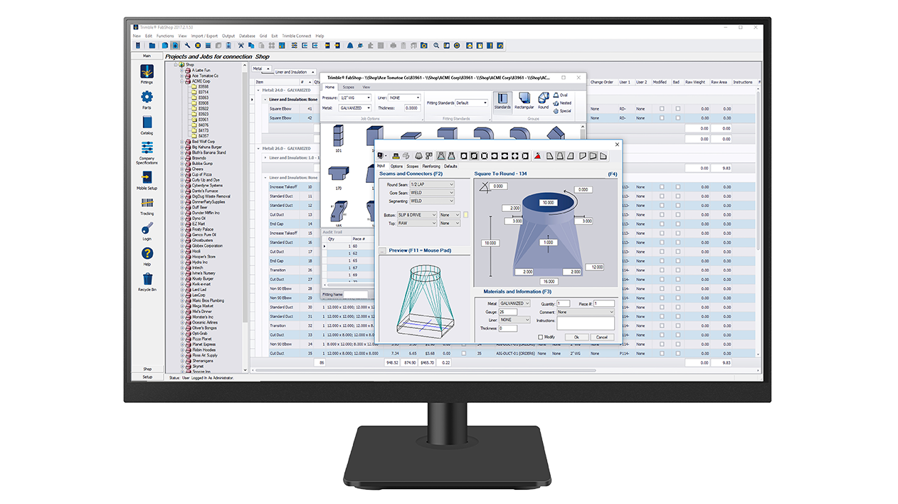 A desktop monitor displays Trimble FabShop software.
