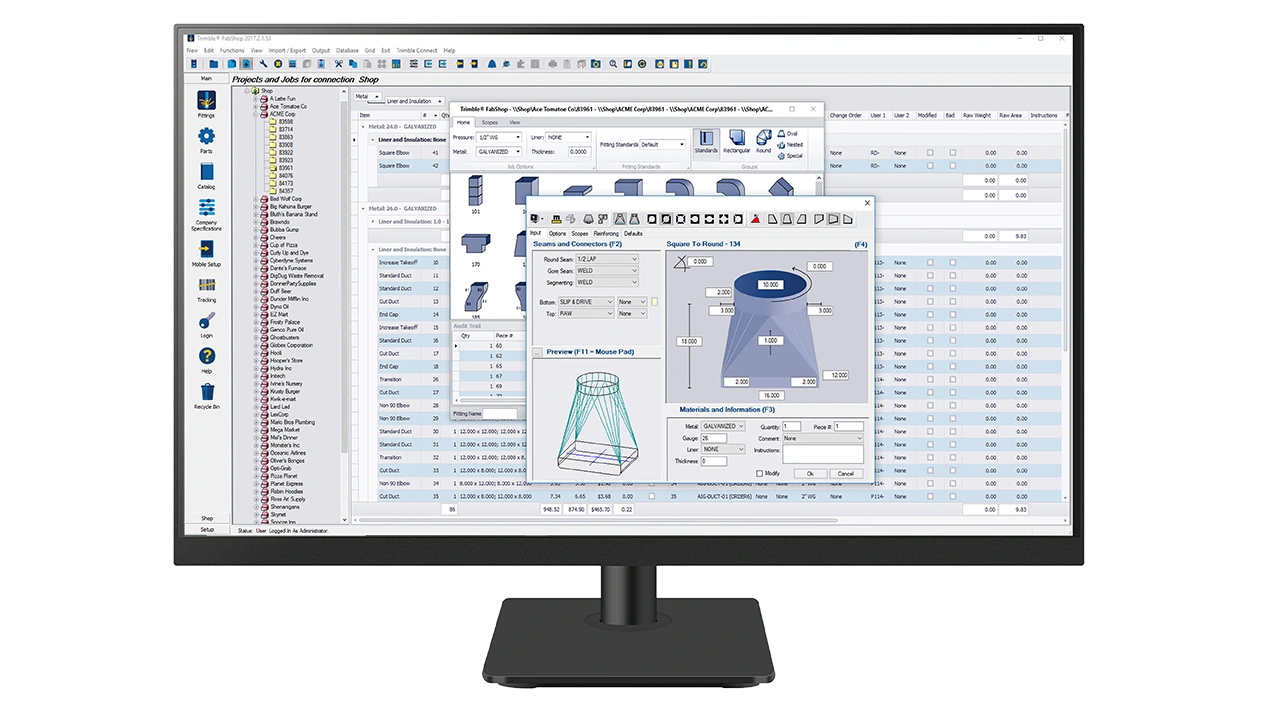 A desktop monitor displays Trimble FabShop software.