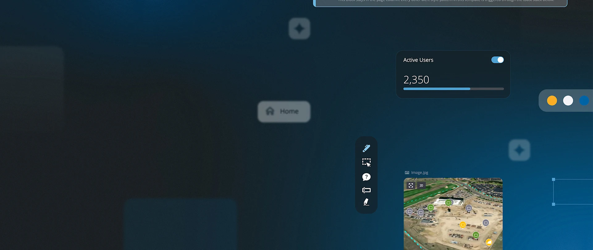 Abstract dark blue background with floating Trimble UI components, including an active users metric, an aerial map window, and toolbars.