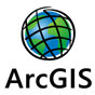Logo of ArcGIS with a stylized globe featuring blue oceans and green land masses, overlaid with a black grid. The text "ArcGIS" is written below.