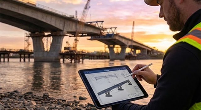 A worker in a yellow safety-vest sits with a tablet at the base of a massive bridge to redefine “connection” for millions.