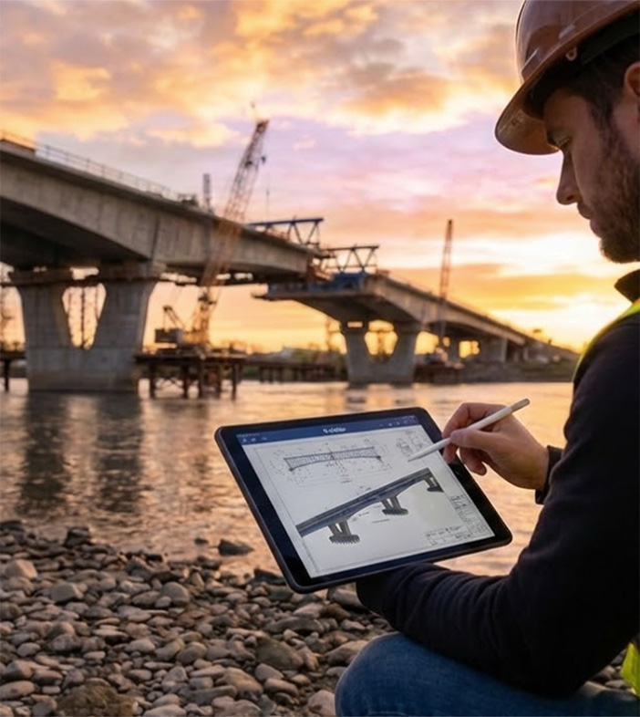 Un ouvrier vêtu d'un gilet de sécurité jaune est assis avec une tablette au pied d'un pont massif destiné à redéfinir les voies de connexion pour des millions de personnes.
