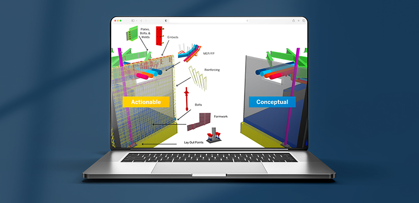 Laptop displaying a BIM software comparison between highly detailed 3D construction models and simplified conceptual designs.