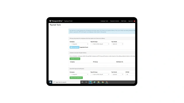 Trimble Viewpoint HR Management interface on a tablet showing a $5.65 Home Depot receipt being coded and submitted for expense reimbursement.