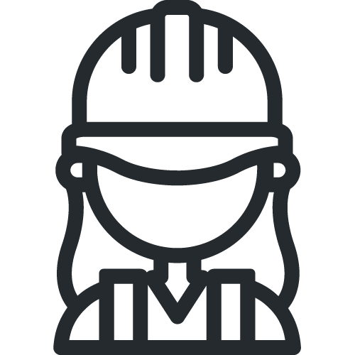 An icon of a female contractor wearing a hard hat and a safety vest, depicted in a minimalist, black-and-white line art style.