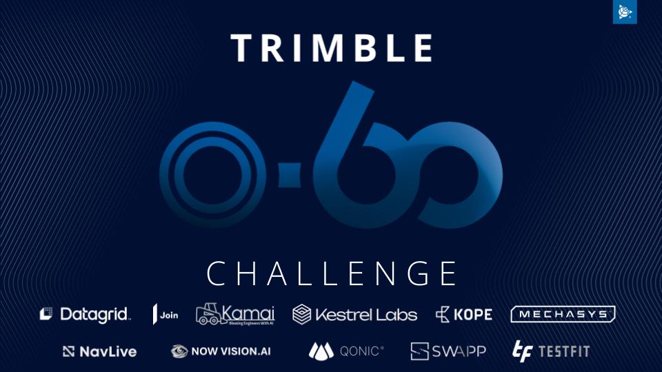 Trimble 0-60 Challenge graphic featuring logos of startup finalists like Datagrid, Join, Kamai, KOPE, NavLive, Qonic, SWAPP, and TestFit.