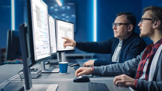 Two engineers collaborate using Trimble Tekla structural software on multiple monitors in a modern office.