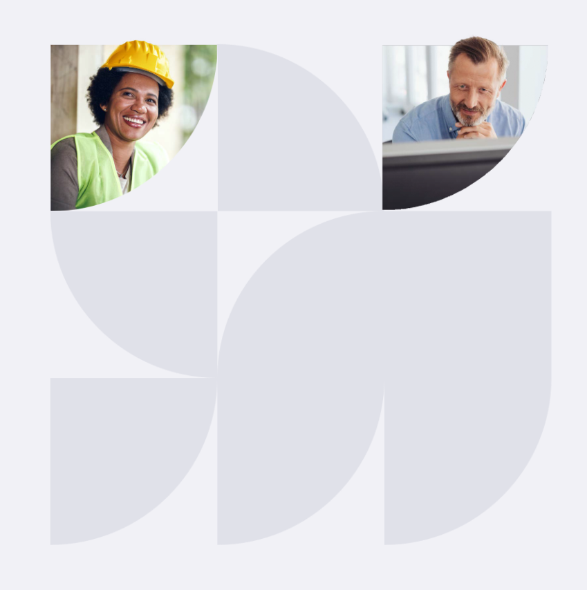 Trimble geometric collage featuring a female construction worker and a male office professional, representing connected field and office workflows.