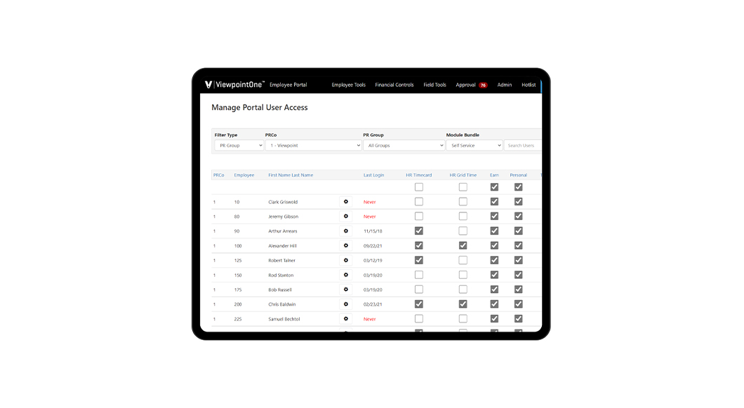 Trimble Viewpoint HR Management interface on a tablet showing a $5.65 Home Depot receipt being coded and submitted for expense reimbursement.