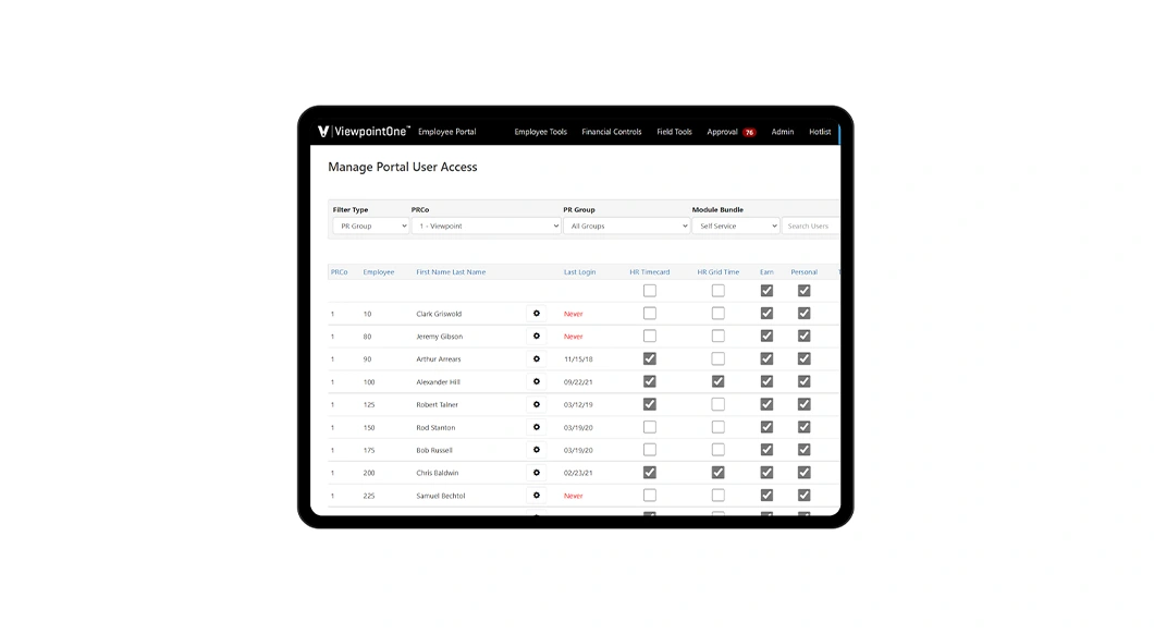 Trimble Viewpoint HR Management interface on a tablet showing a $5.65 Home Depot receipt being coded and submitted for expense reimbursement.
