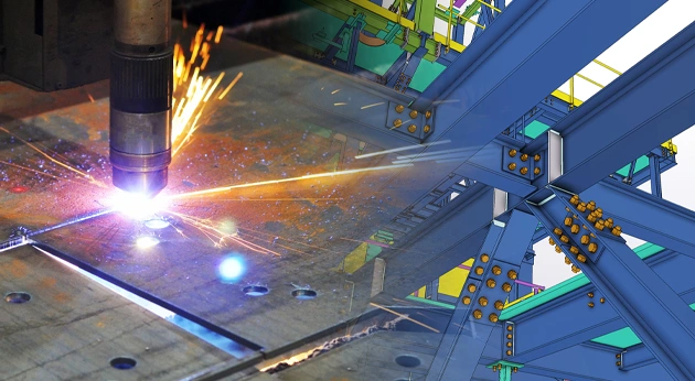 CNC machine cutting a steel plate with sparks alongside a 3D structural BIM model created in Trimble Tekla Structures software.