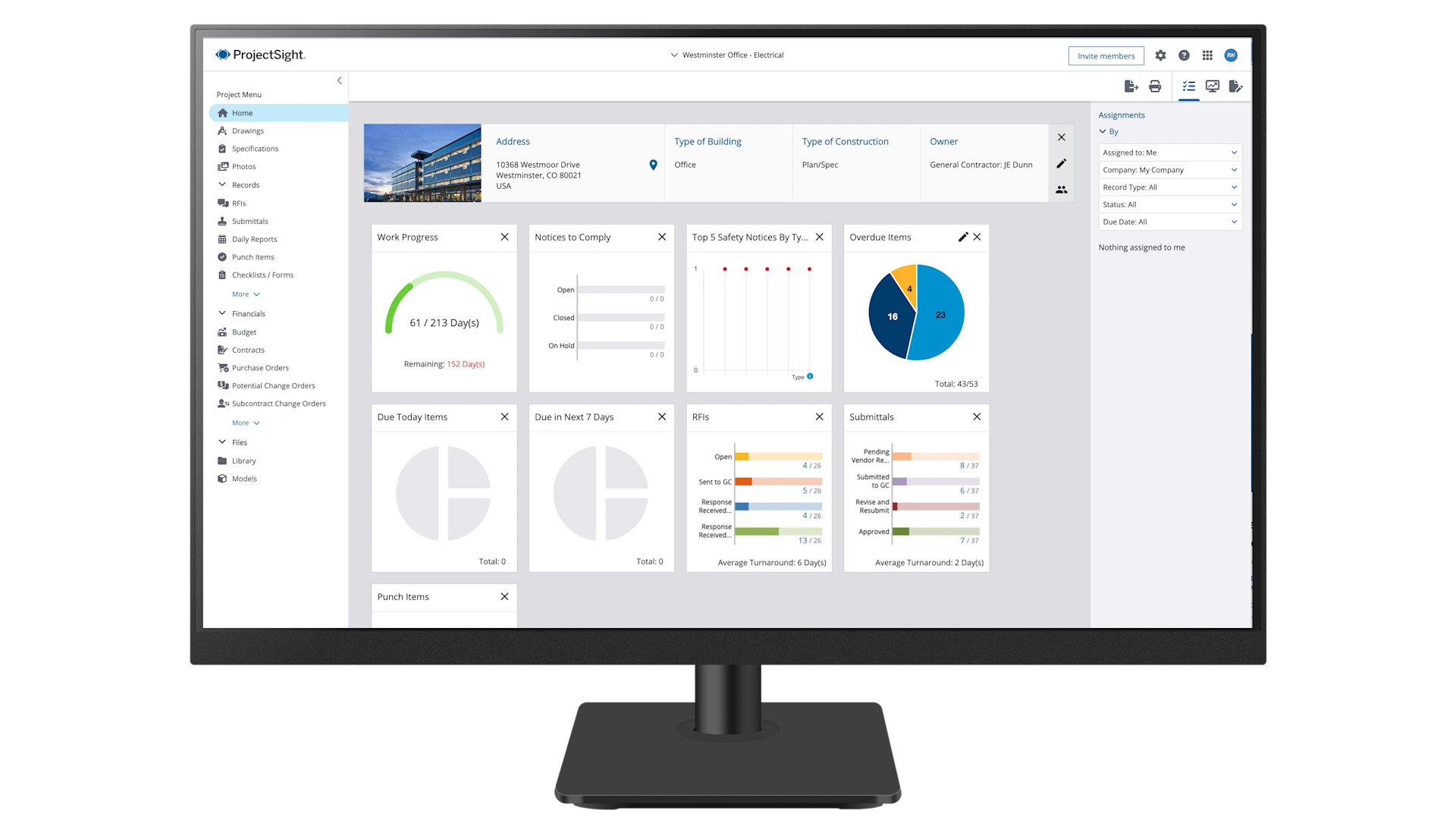 Screenshot of Trimble ProjectSight Project Menu home