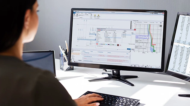 An electrical designer uses Trimble Electrical Designer software on a dual-monitor setup to analyze circuit protection and system calculations.