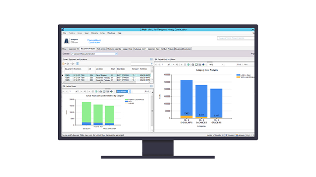 A computer monitor displays the Trimble Viewpoint Heavy Construction software dashboard, featuring equipment analysis charts and cost data tables.