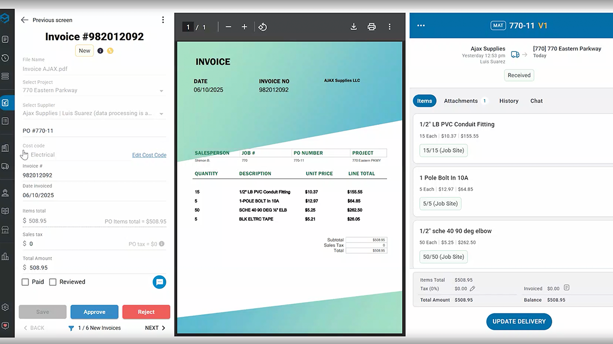 Trimble Materials invoice reconciliation screenshot on desktop