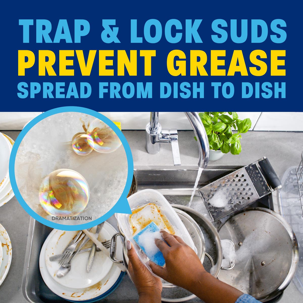 Dramatization showing how Dawn PowerSuds trap & lock suds, preventing grease spread from dish to dish.