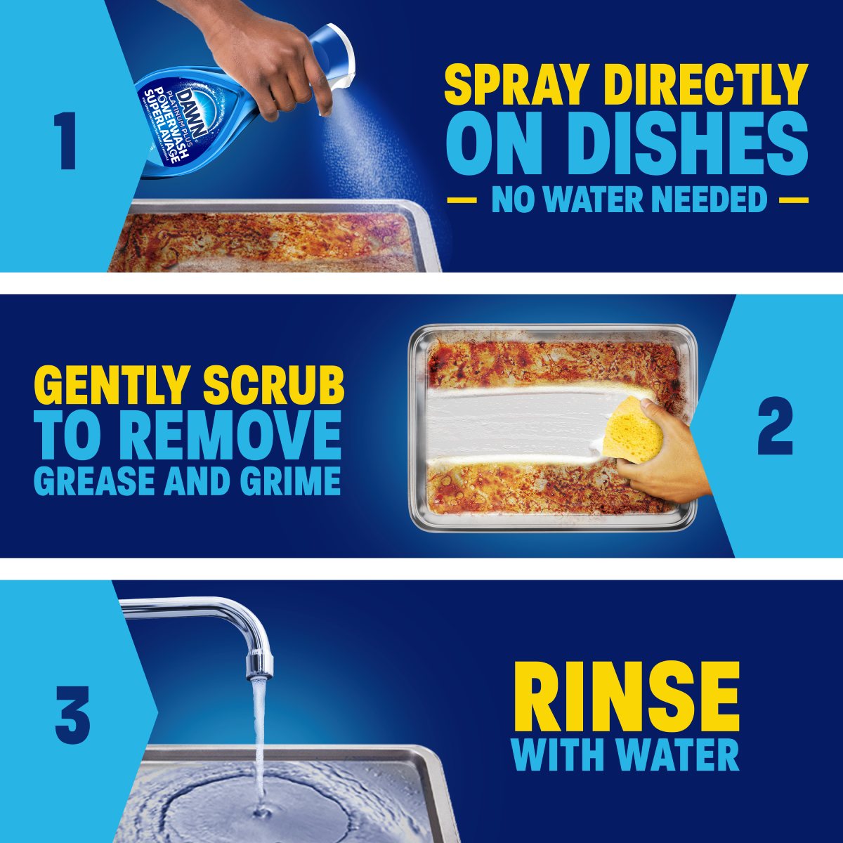 Spray directly on dishes, no water needed; gently scrub to remove grease and grime; rinse with water