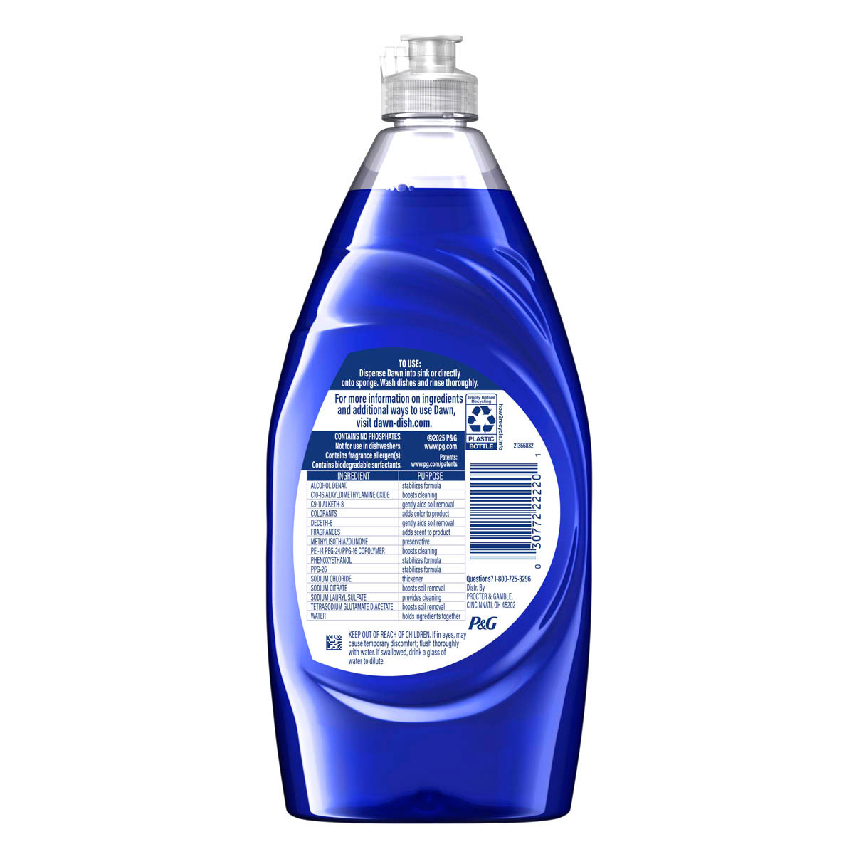 Back side of a Dawn Platinum Dish Soap, Dishwashing Liquid, Wild Jasmine, 30 Fl Oz showing ingredients, safety warnings, and product information label.  