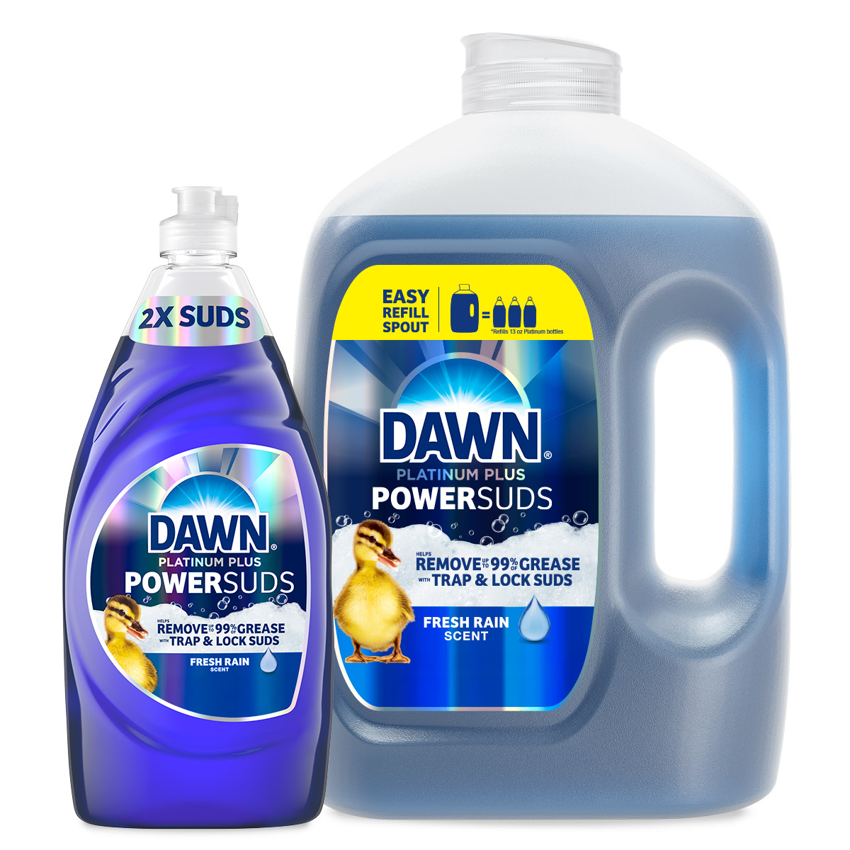 Dawn Powerwash dish soap set, including one standard bottle and one large refill container