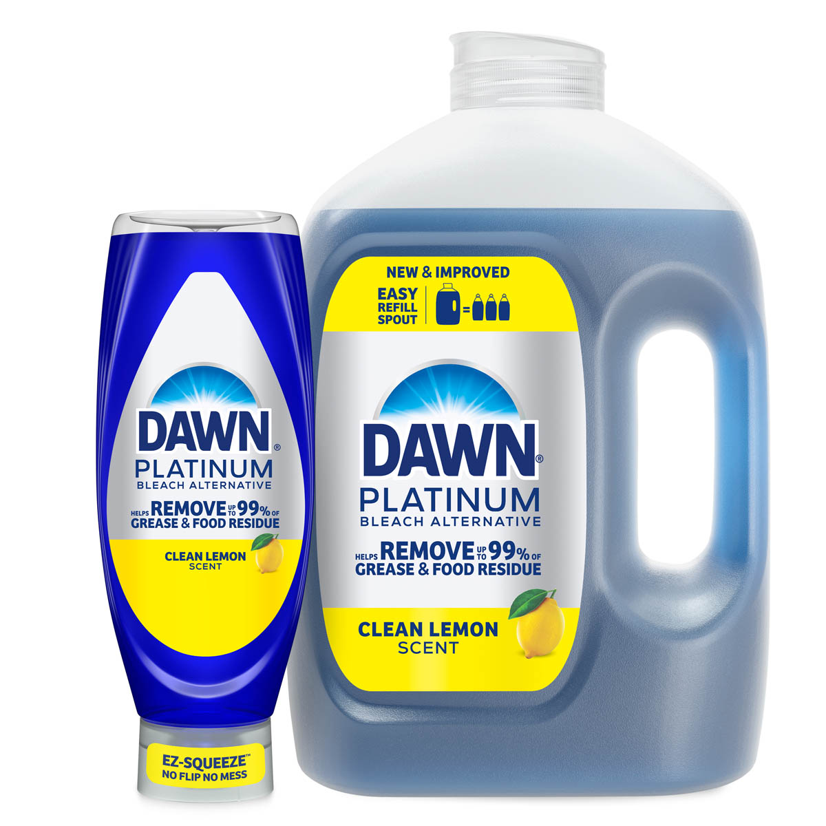 Alt text: Product image of Dawn Platinum dishwashing liquid in Clean Lemon scent, showing an EZ-Squeeze bottle and a large refill jug with blue packaging and a “Removes 99% of grease & food residue” label.