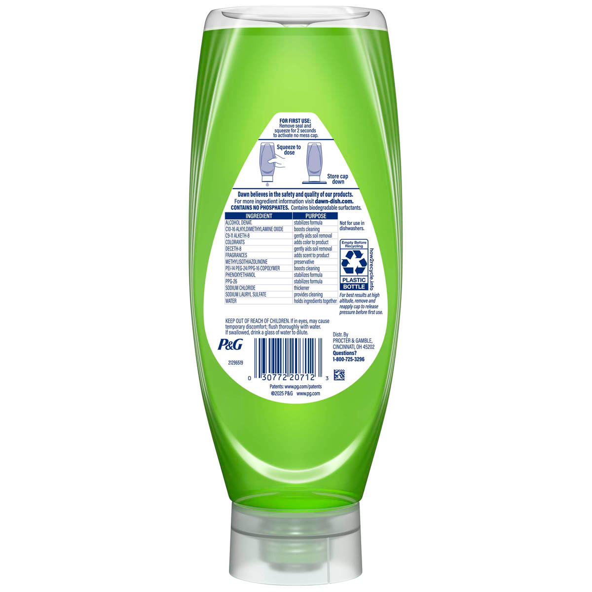 Back side of a Dawn Antibacterial EZ-Squeeze Dish Soap, Apple Blossom 22 oz bottle showing ingredients, safety warnings, and product information label.  
