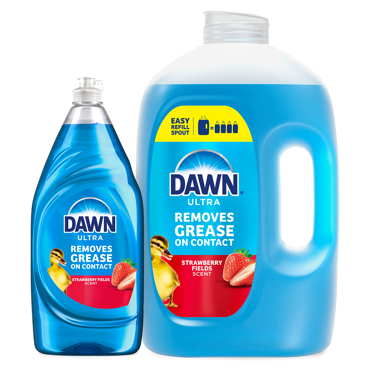 Dawn Ultra dish soap set in the blue Fresh scent, showing one standard bottle and one large refill container