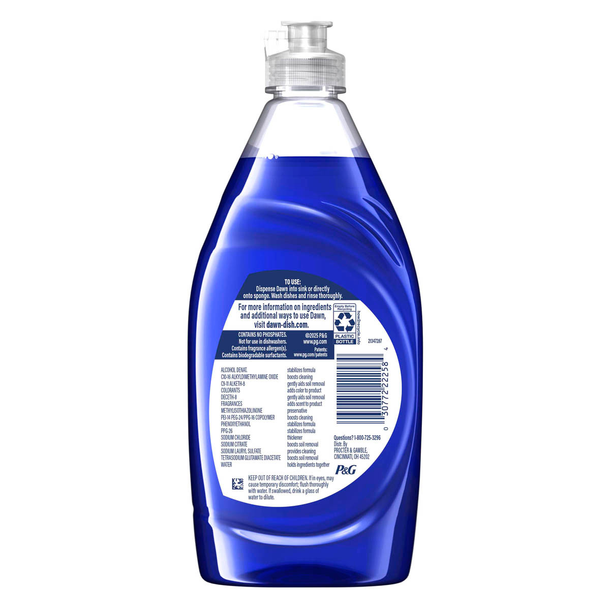 Back side of a Dawn Platinum Dishwashing Liquid, Refreshing Rain 13.2 oz showing ingredients, safety warnings, and product information label.  