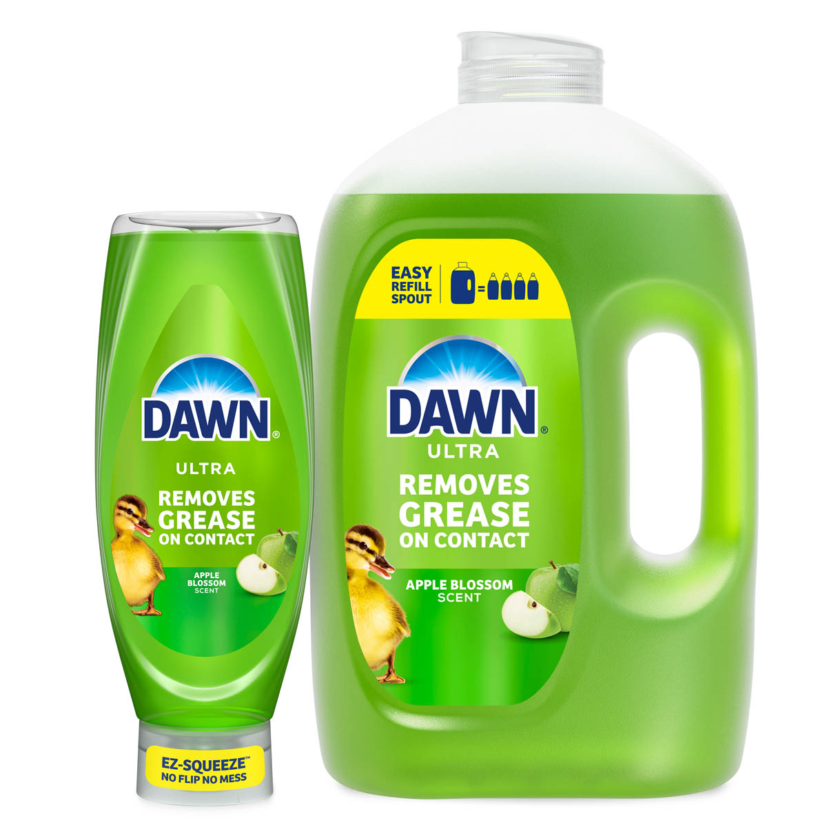 Product image of Dawn Ultra Apple Scent dishwashing liquid, showing an EZ-Squeeze bottle and a large refill jug with green packaging and a “Removes Grease on Contact” label.