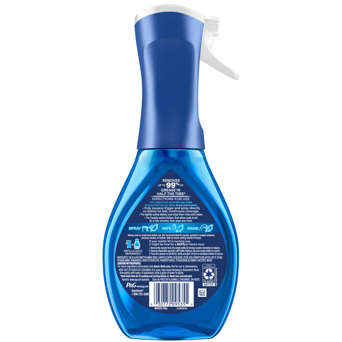 Back side of a Dawn Platinum Powerwash Dish Spray Lemon Starter Kit 16oz showing ingredients, safety warnings, and product information label.  