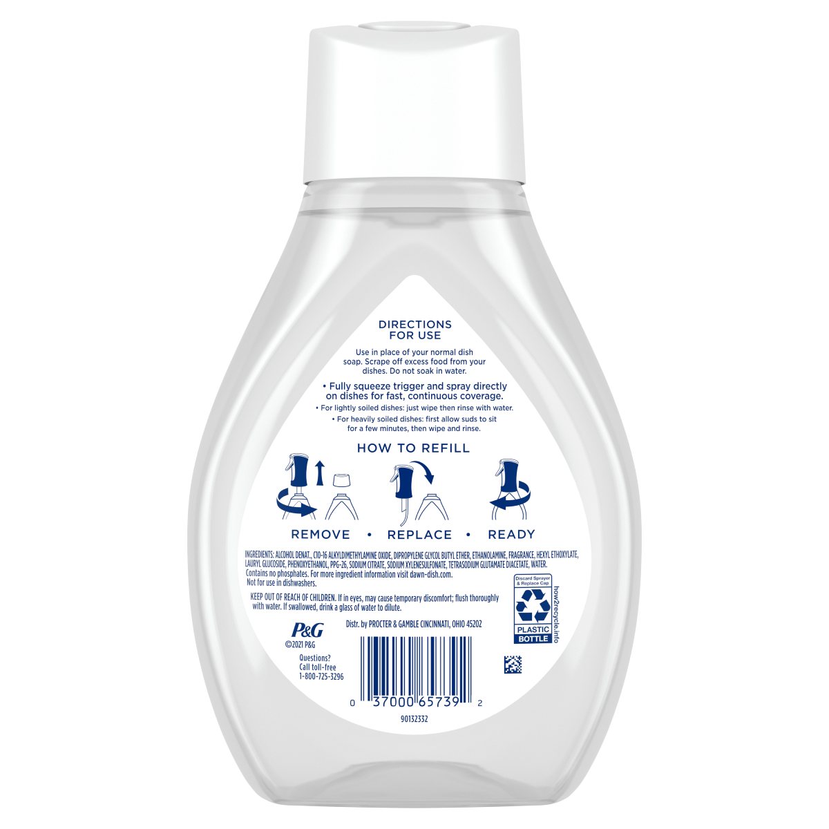 Back side of a Powerwash Spray Refill Free and Clear bottle showing ingredients, safety warnings, and product information label.  