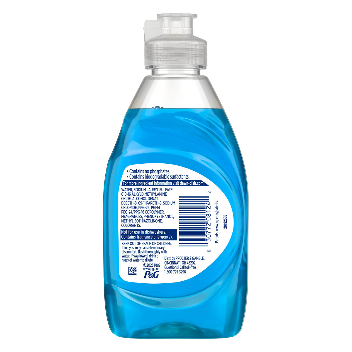 Back side of a Dawn Original Dishwashing Liquid 7.5 oz dishwashing liquid bottle showing ingredients, safety warnings, and product information label.  